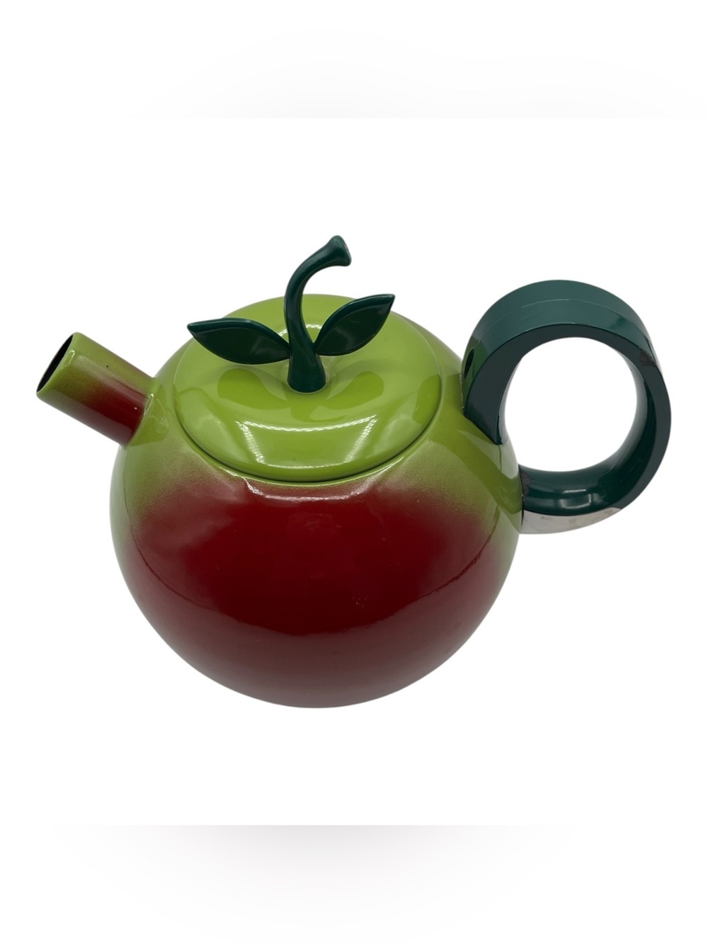 Vintage COPCO Fruit Green Apple Enamel Teapot Kettle Leaf Lid Kitchen Kitsch
